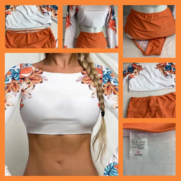 Floral Long Sleeve Crop Top - White and Orange 37 - Picture 5 of 6
